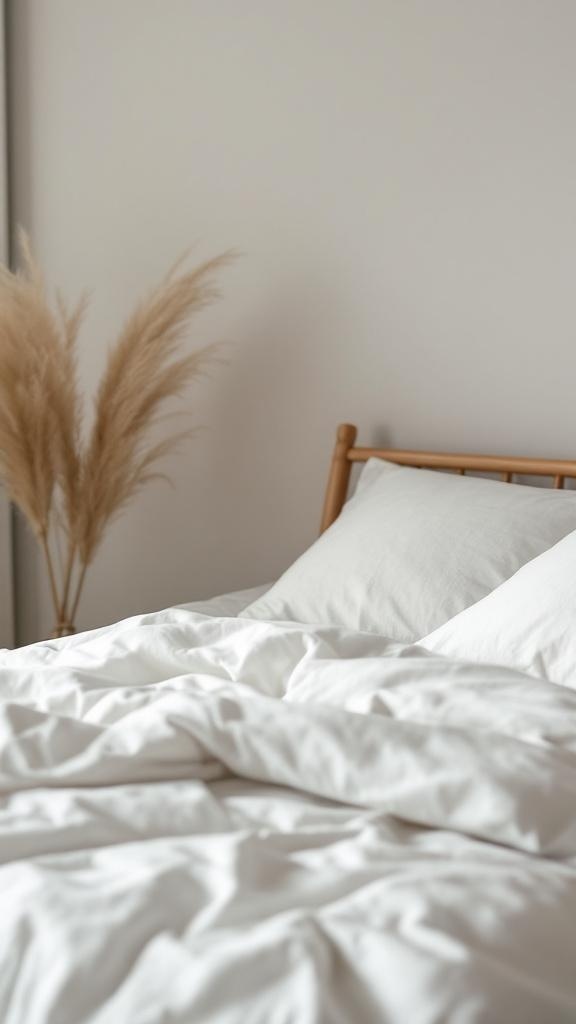 A cozy bedroom featuring a wooden bed with white bedding and pampas grass decoration.