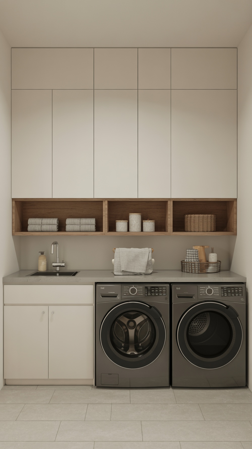 A sleek minimalist laundry room featuring light cabinetry, wooden shelves, and modern appliances.