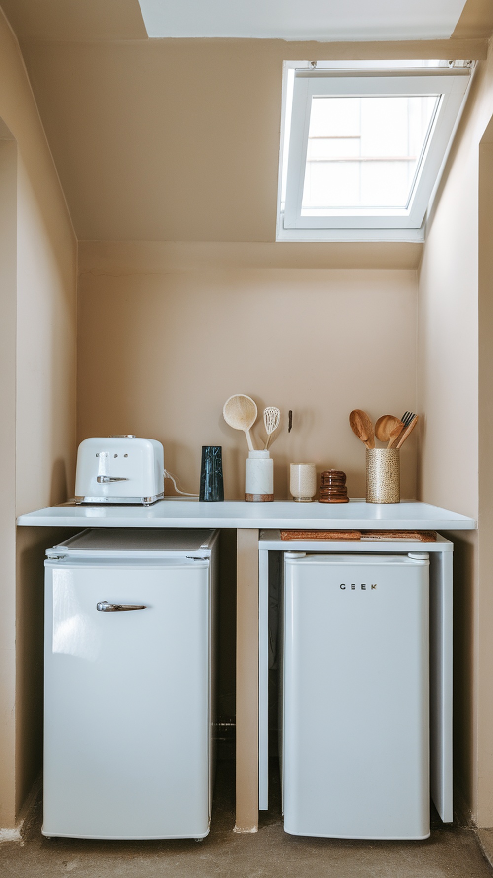 A small kitchen with two refrigerators and a toaster on a countertop.