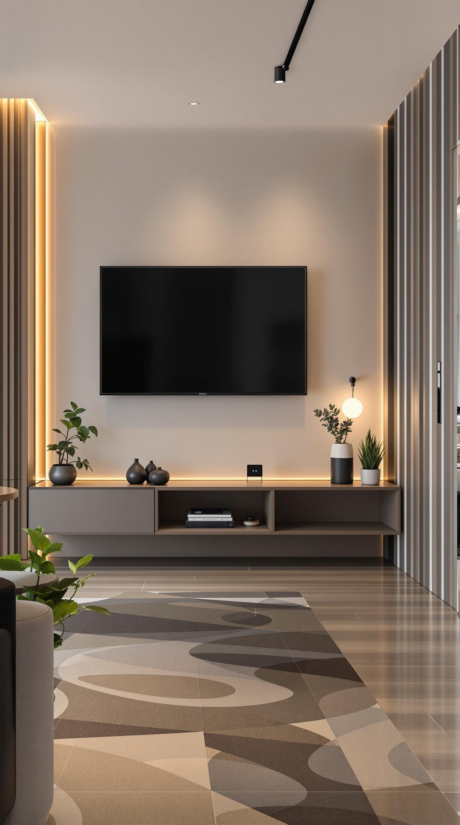 A modern living space featuring a smart speaker, a smart thermostat, and indoor plants.
