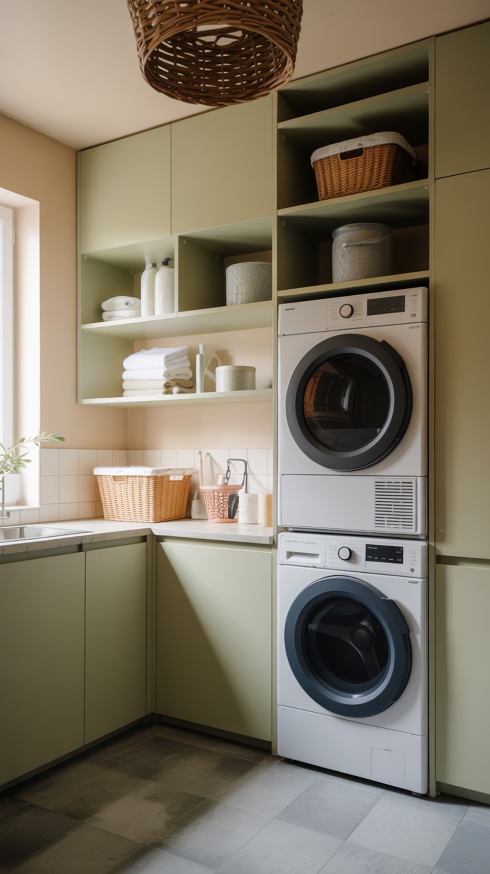 A modern laundry room featuring stacked washer and dryer, open shelves, and natural light.