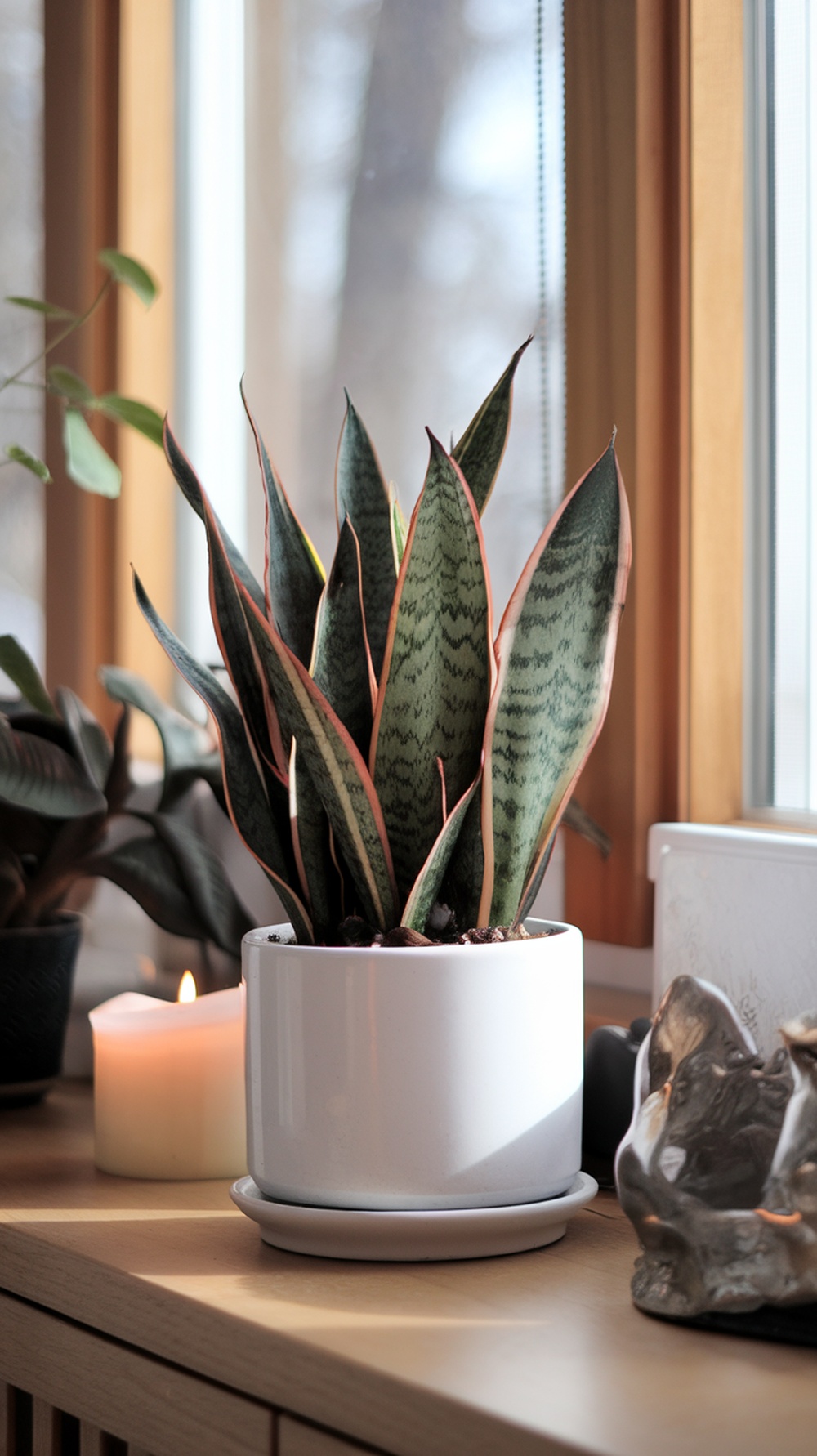A healthy Snake Plant in a white pot, placed near a window with soft winter light.