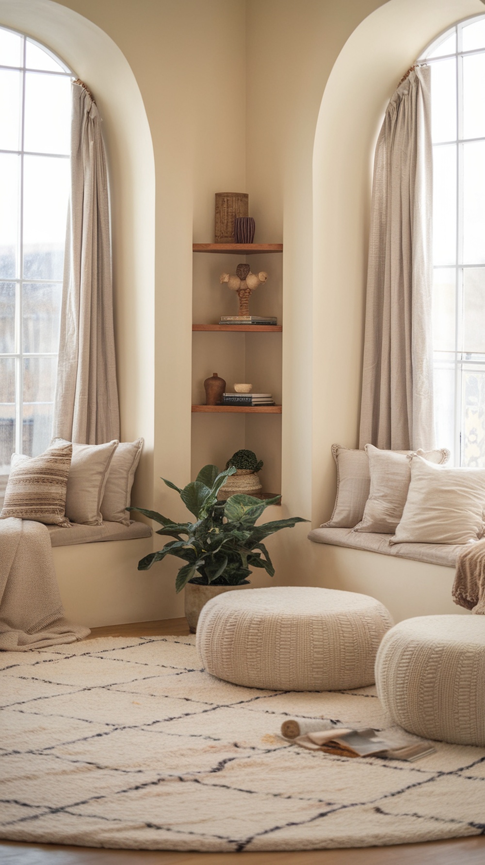 A cozy living room featuring soft creamy neutral walls, gray sofas, and autumn leaves on the floor.
