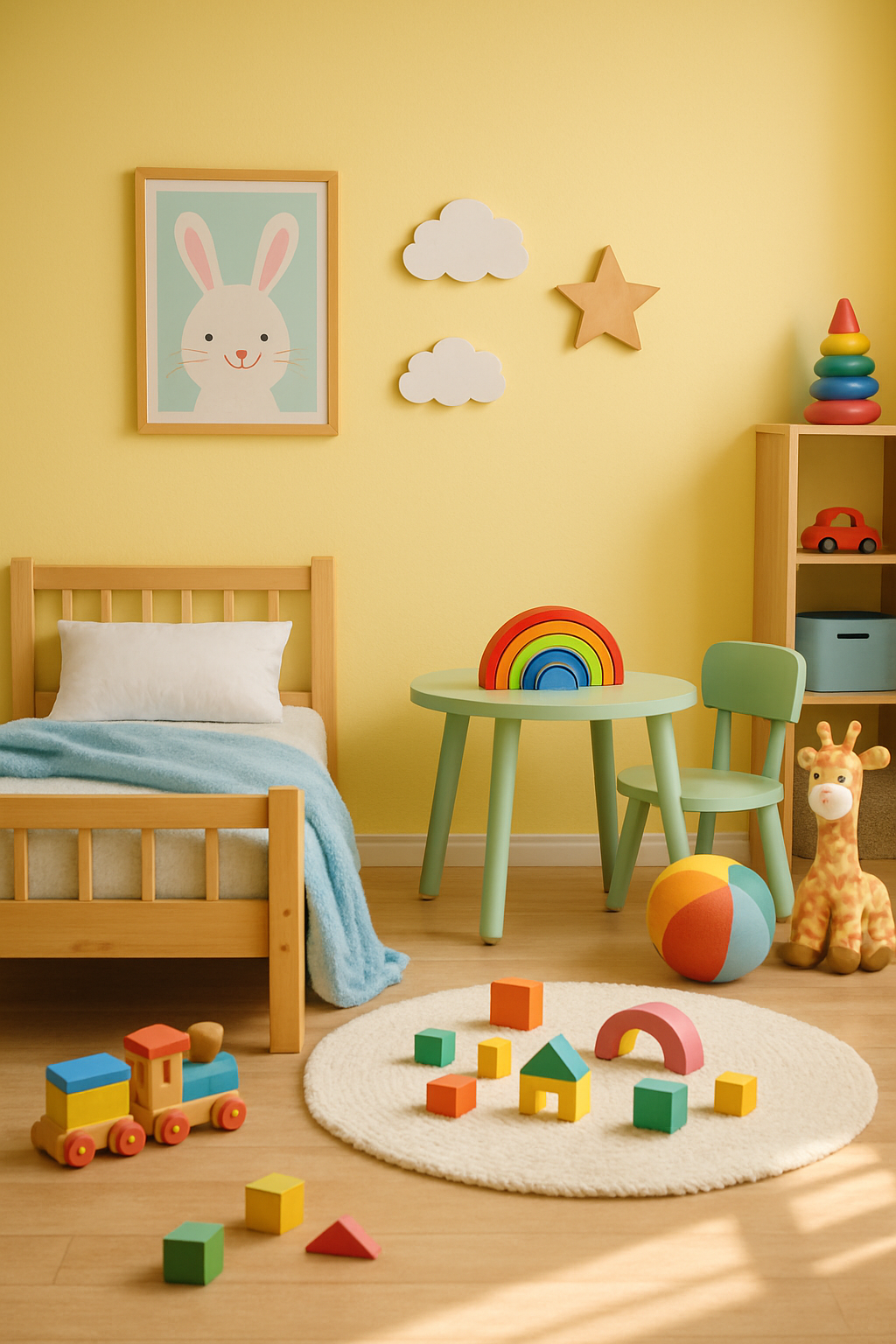 A playful children's room with soft daffodil yellow walls, wooden furniture, and colorful toys.
