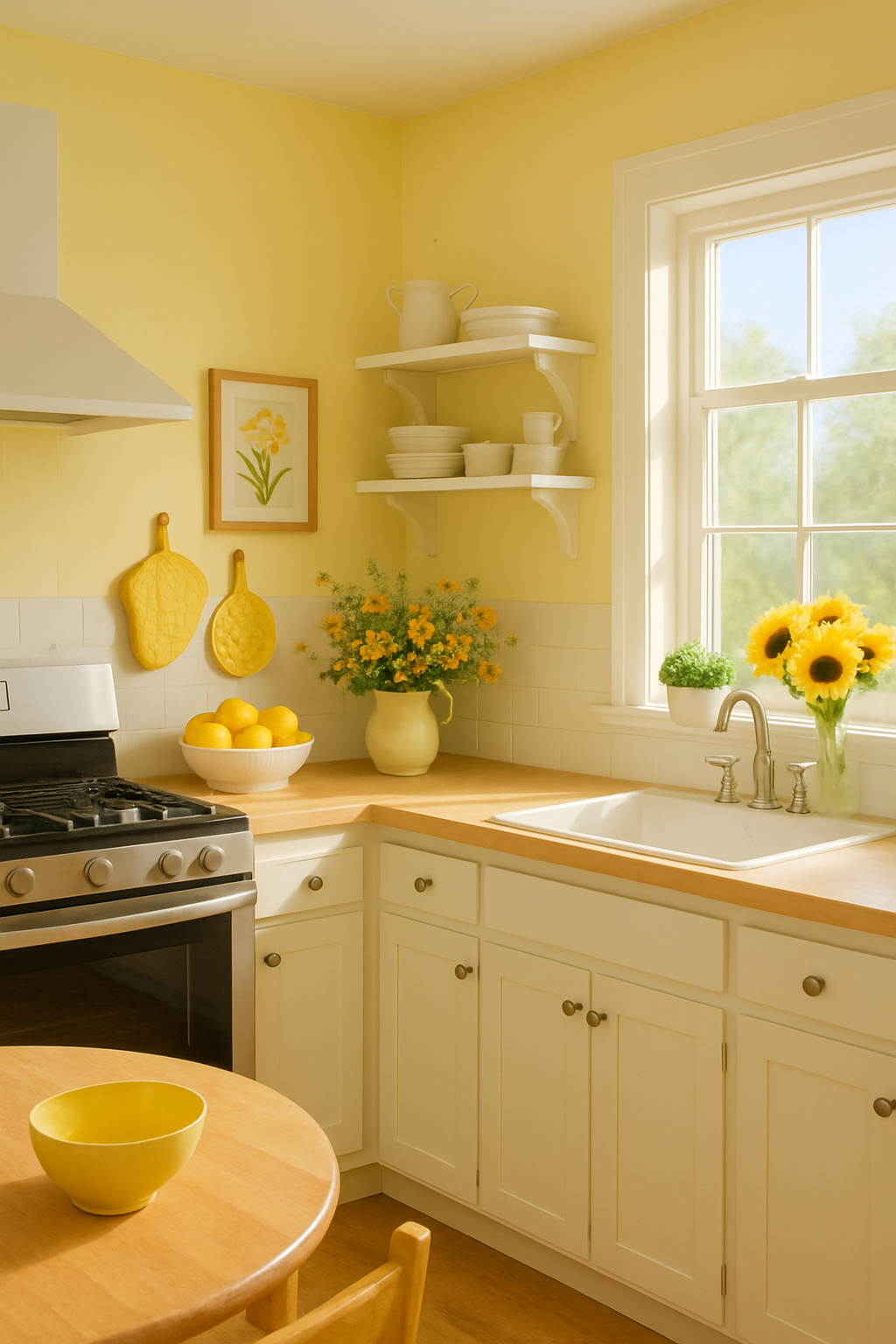 A bright kitchen with soft yellow walls, wooden countertops, and cheerful decor.