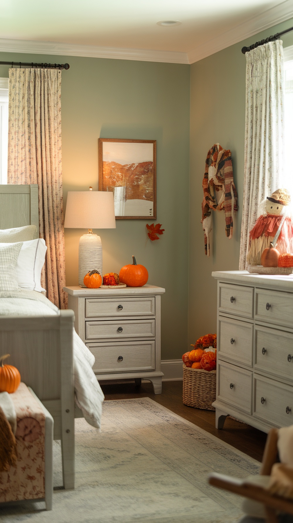 Cozy bedroom with soft sage green walls and autumn decorations