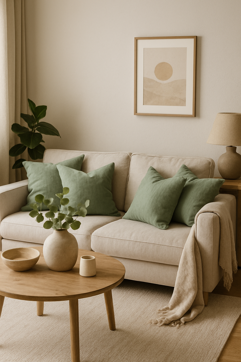 A cozy living room featuring soft sage green throw pillows on a beige couch, with a wooden coffee table and a plant.