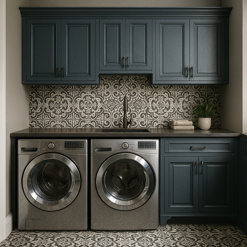 A stylish laundry room with patterned tiles on the floor, white cabinetry, and a large window.