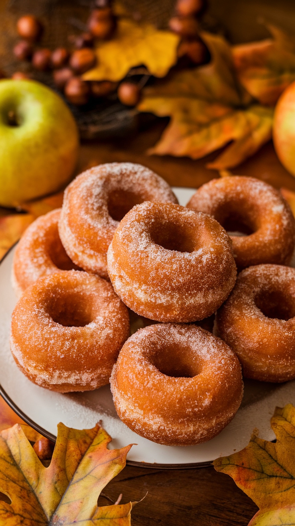 A plate of spiced apple cider doughnuts surrounded by autumn leaves and apples.
