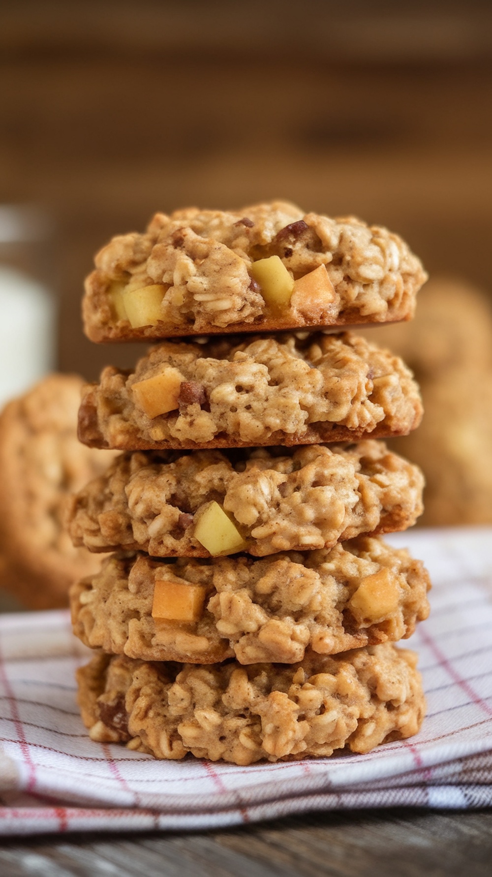 A stack of spiced apple oatmeal cookies with chunks of apples visible, placed on a checkered cloth.