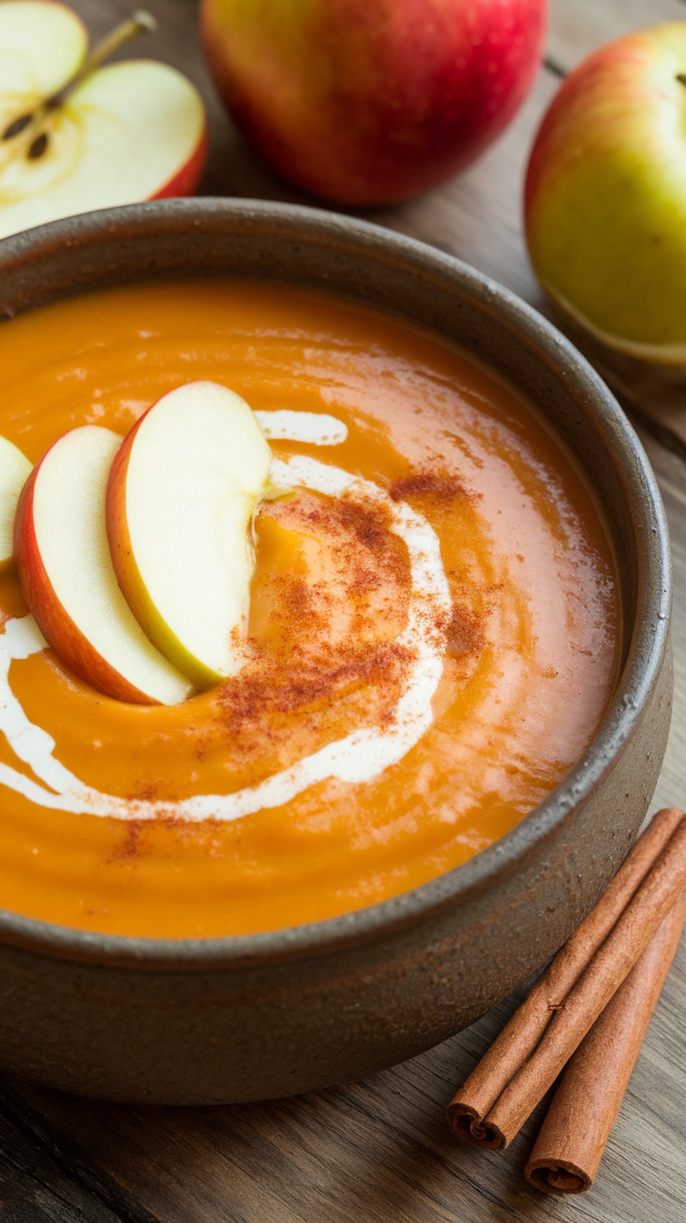 A bowl of spiced butternut squash and apple soup topped with apple slices and cream, with cinnamon sticks beside it.