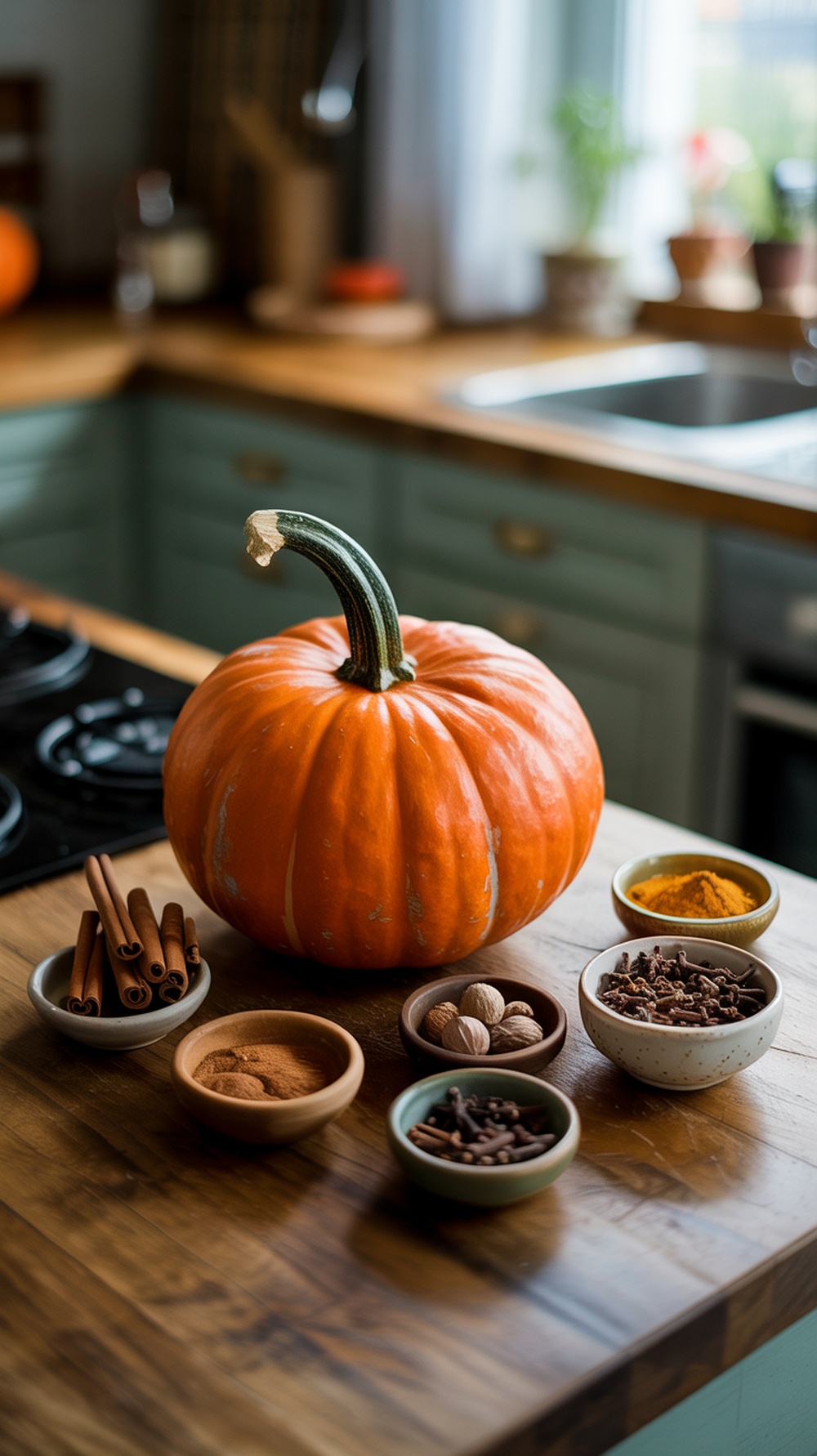 A vibrant pumpkin with spices like cinnamon sticks, cloves, and nutmeg arranged around it.