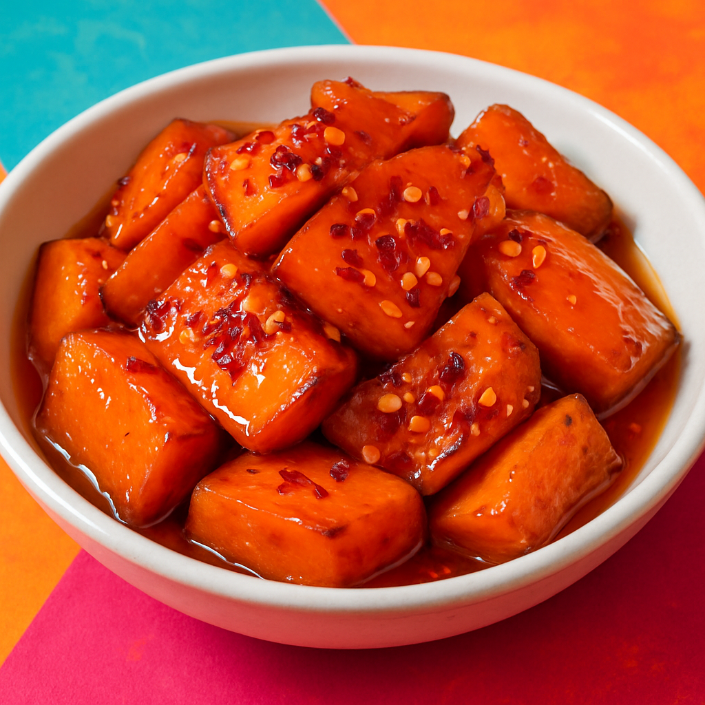 A bowl of spicy candied sweet potatoes topped with chili flakes.