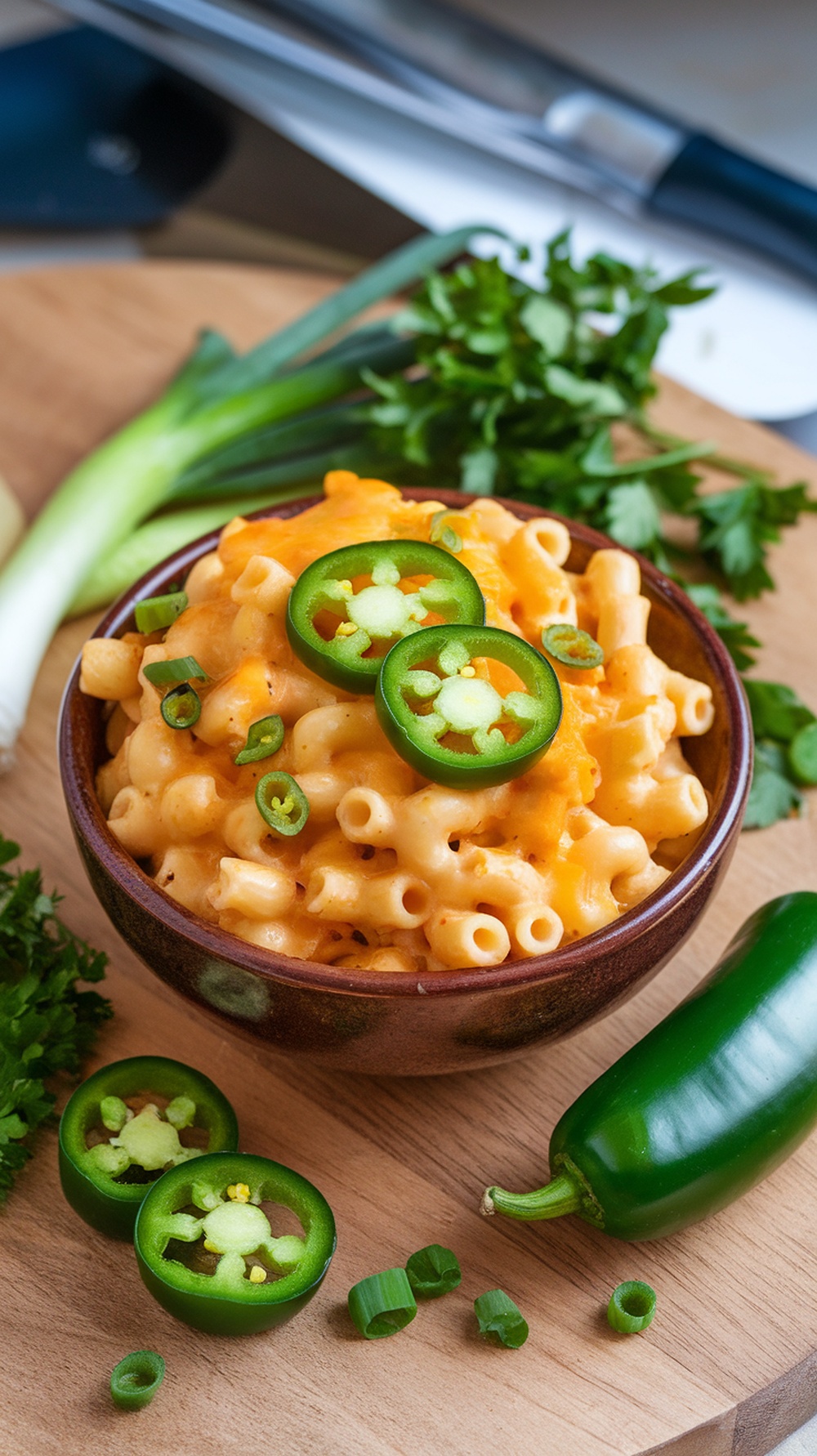 A bowl of spicy jalapeño mac and cheese topped with sliced jalapeños, surrounded by fresh ingredients.
