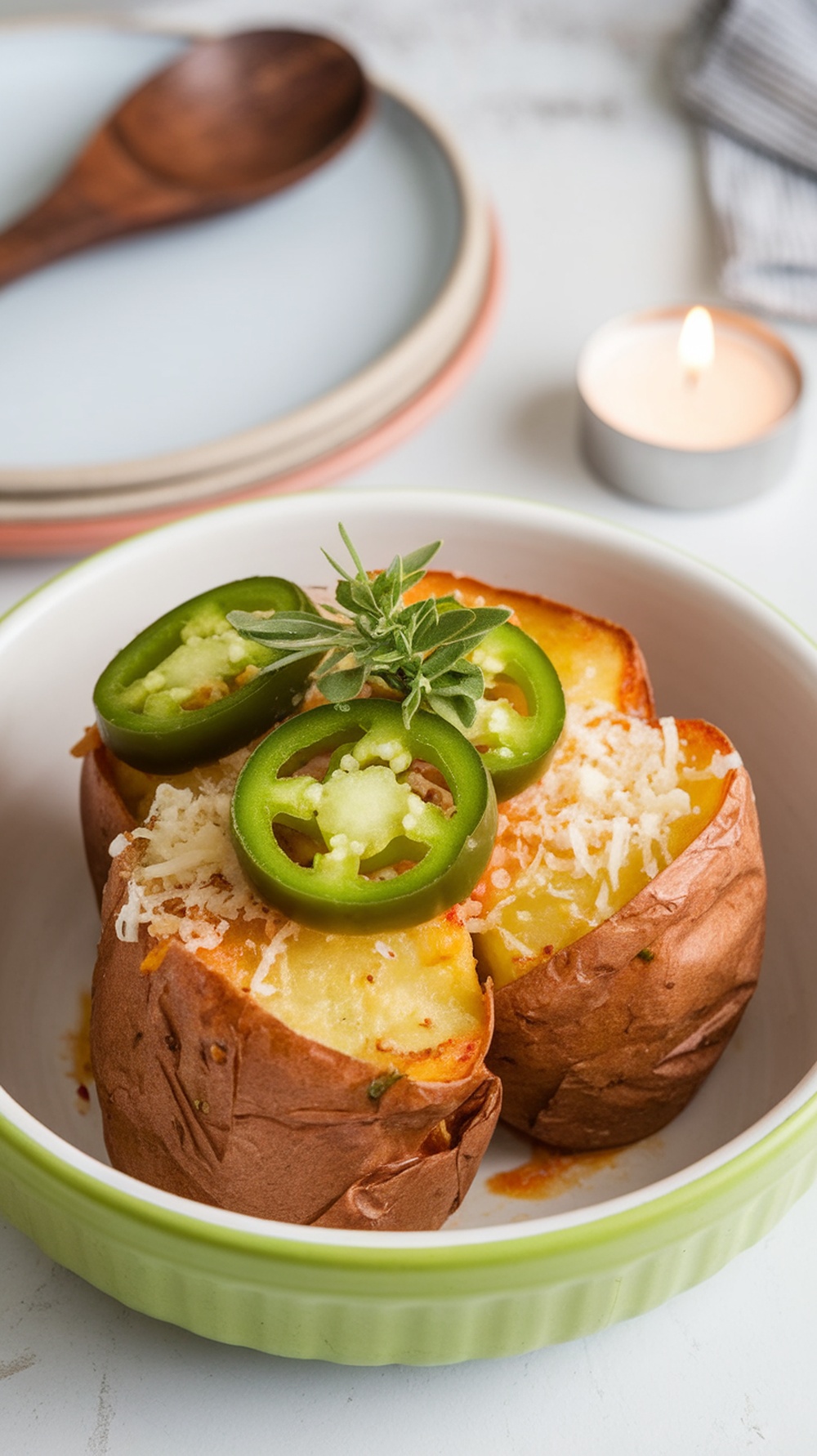 Baked scalloped potatoes topped with jalapeños and herbs in a green dish.