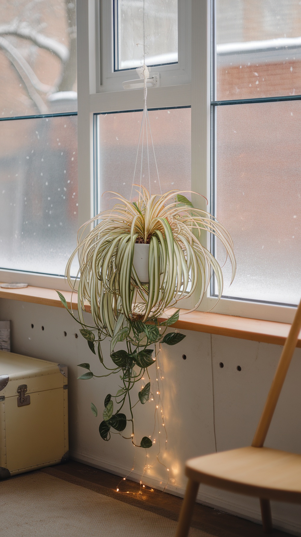 A spider plant hanging in a window with snow outside, showcasing its long green and white striped leaves.