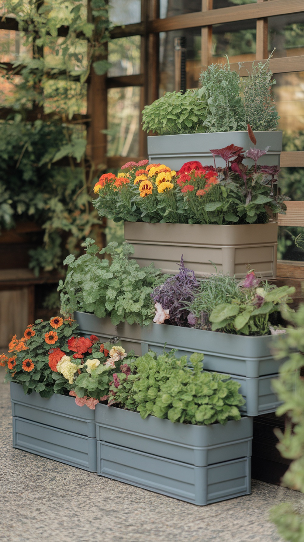 A set of stackable planters filled with colorful flowers and herbs, arranged vertically for space efficiency.