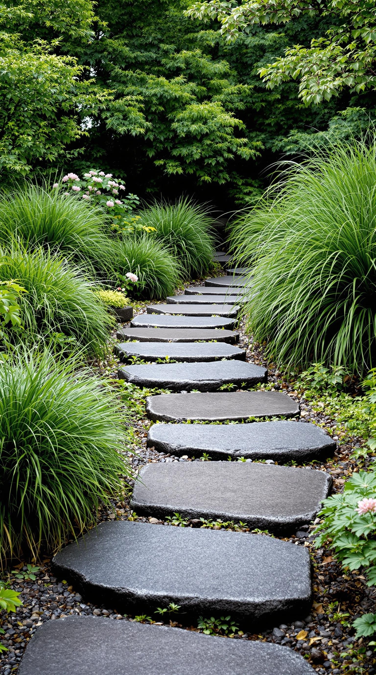 A serene stepping stone pathway surrounded by lush greenery and flowers in a Japanese garden.