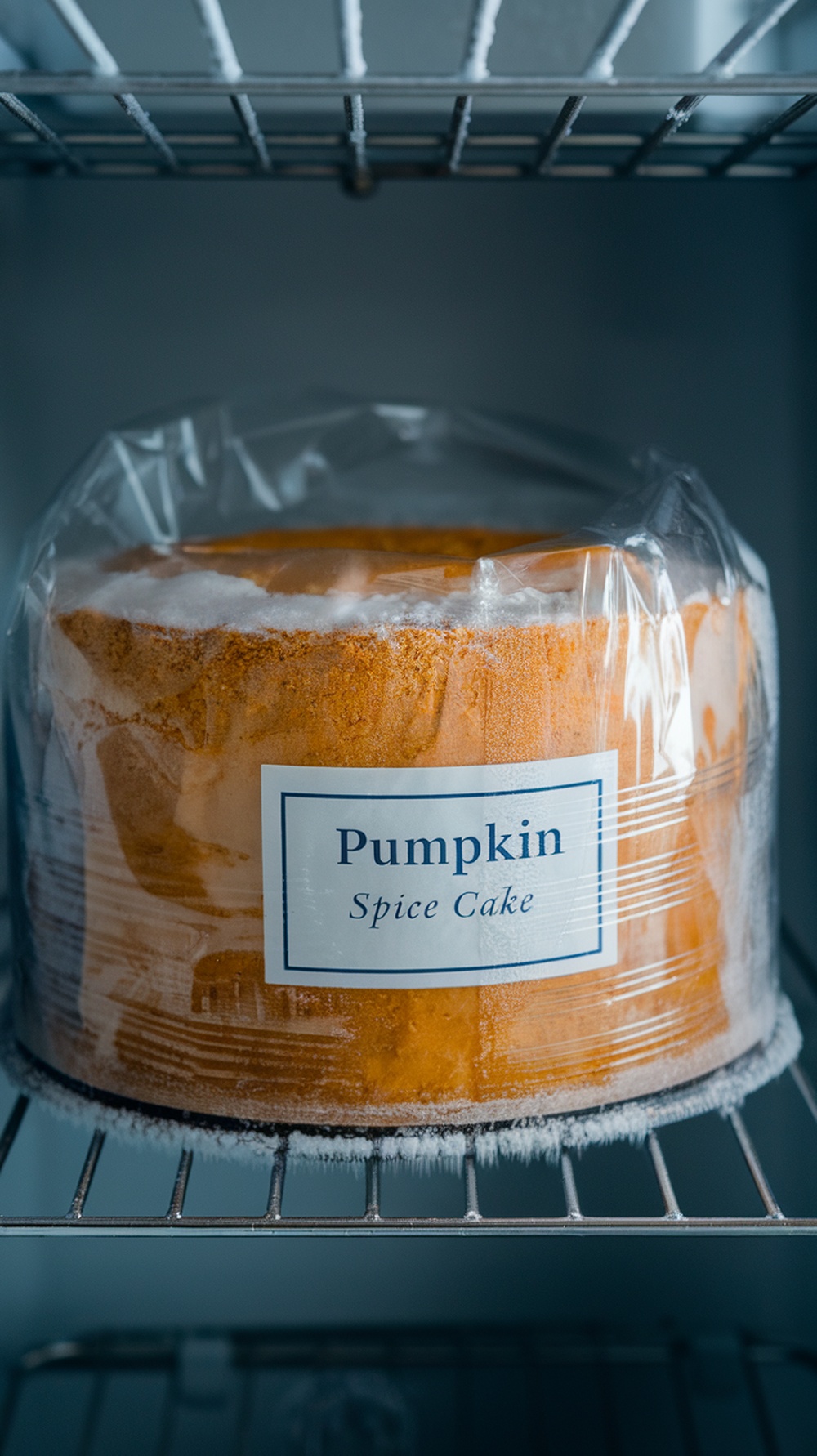 A pumpkin spice cake wrapped in plastic, labeled, and stored in a freezer.