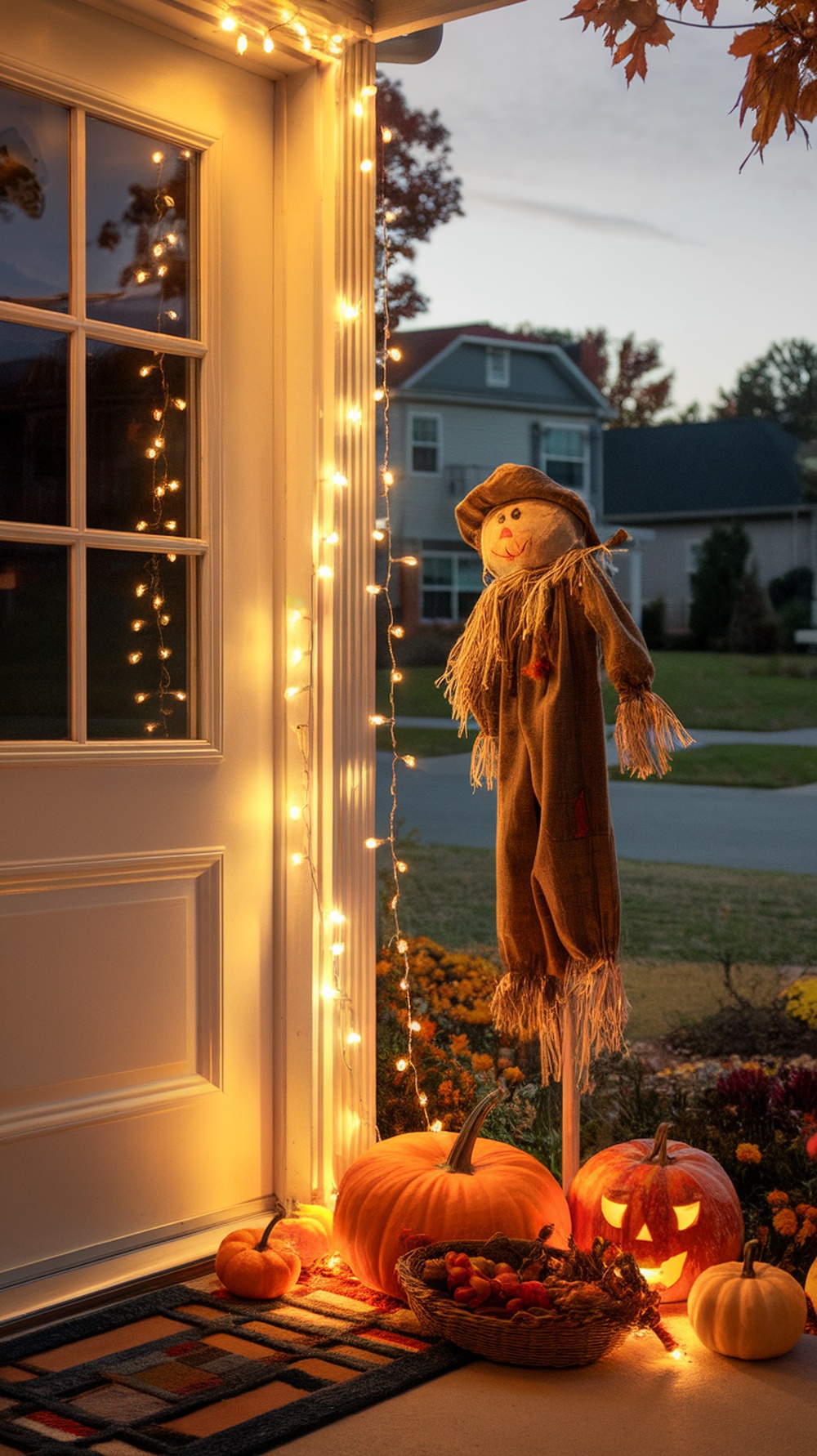 A cozy front door decorated with string lights, pumpkins, and a scarecrow for fall.