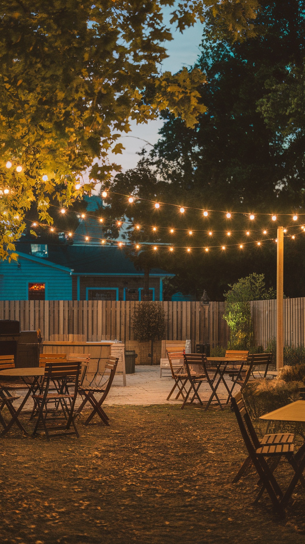 A backyard party setup with string lights hanging above wooden tables and chairs, creating a warm and inviting atmosphere.