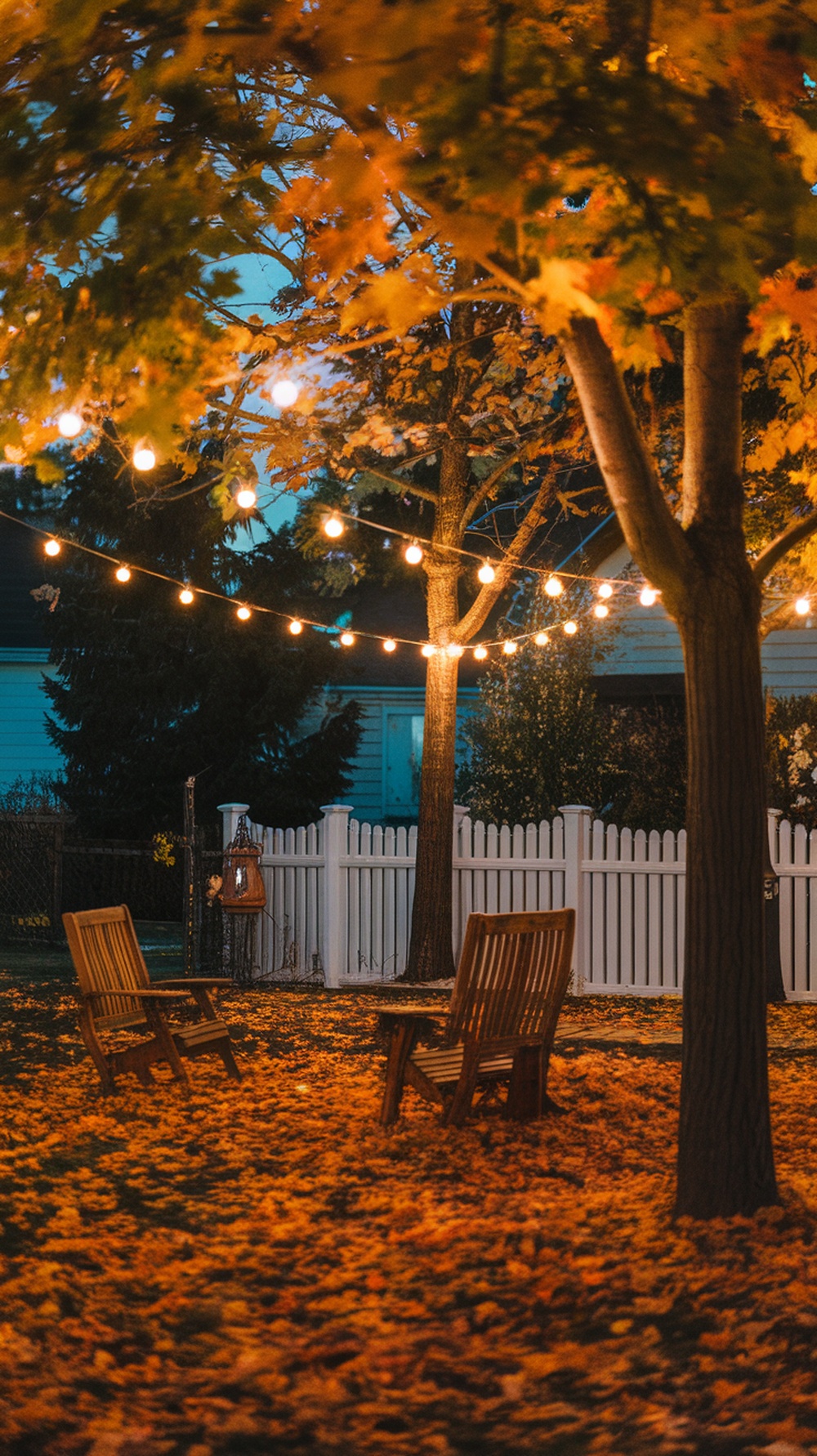 Backyard with string lights hanging between trees, creating a warm atmosphere.