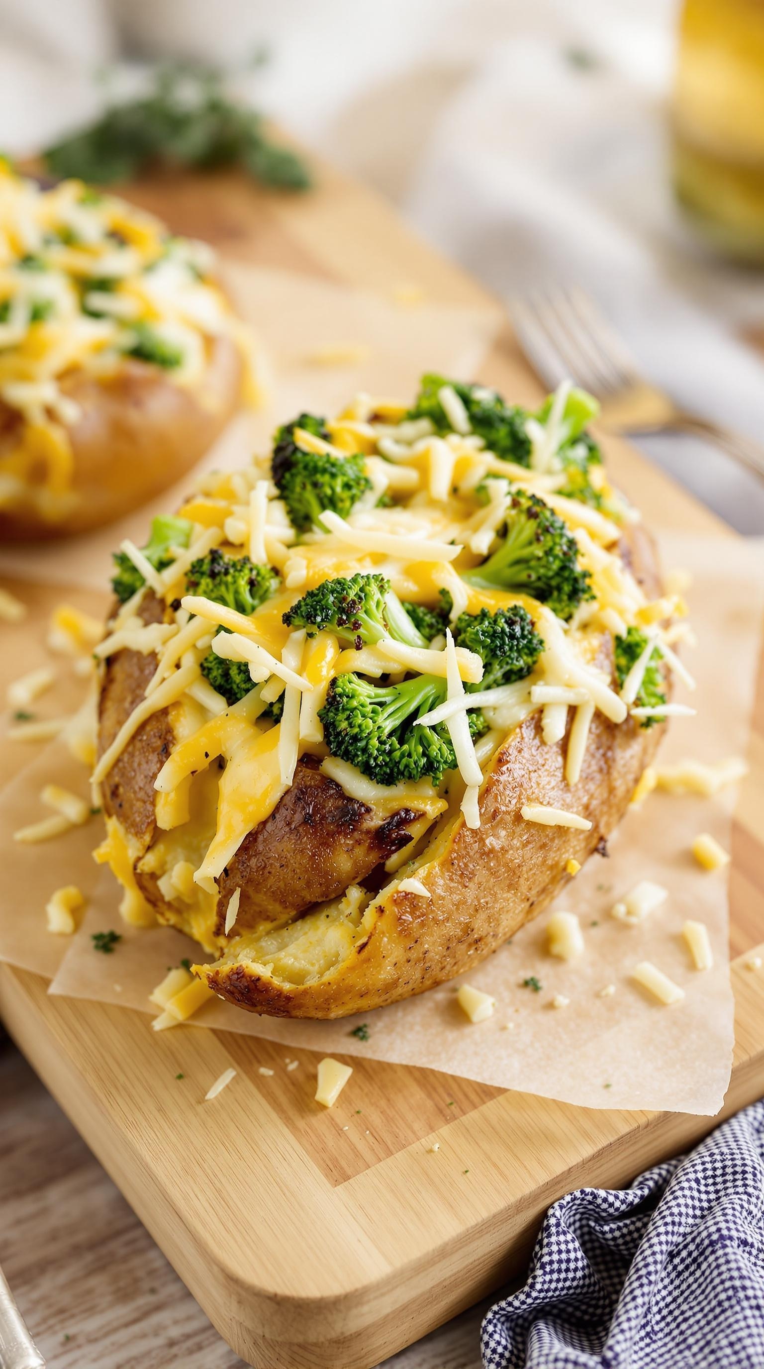 Stuffed potato topped with broccoli and cheese on a wooden board
