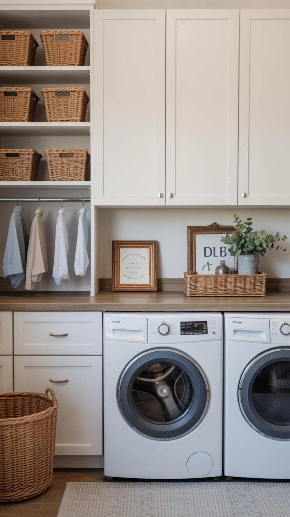 A stylish laundry room featuring a folding station with a wooden countertop, white cabinetry, and organized baskets.