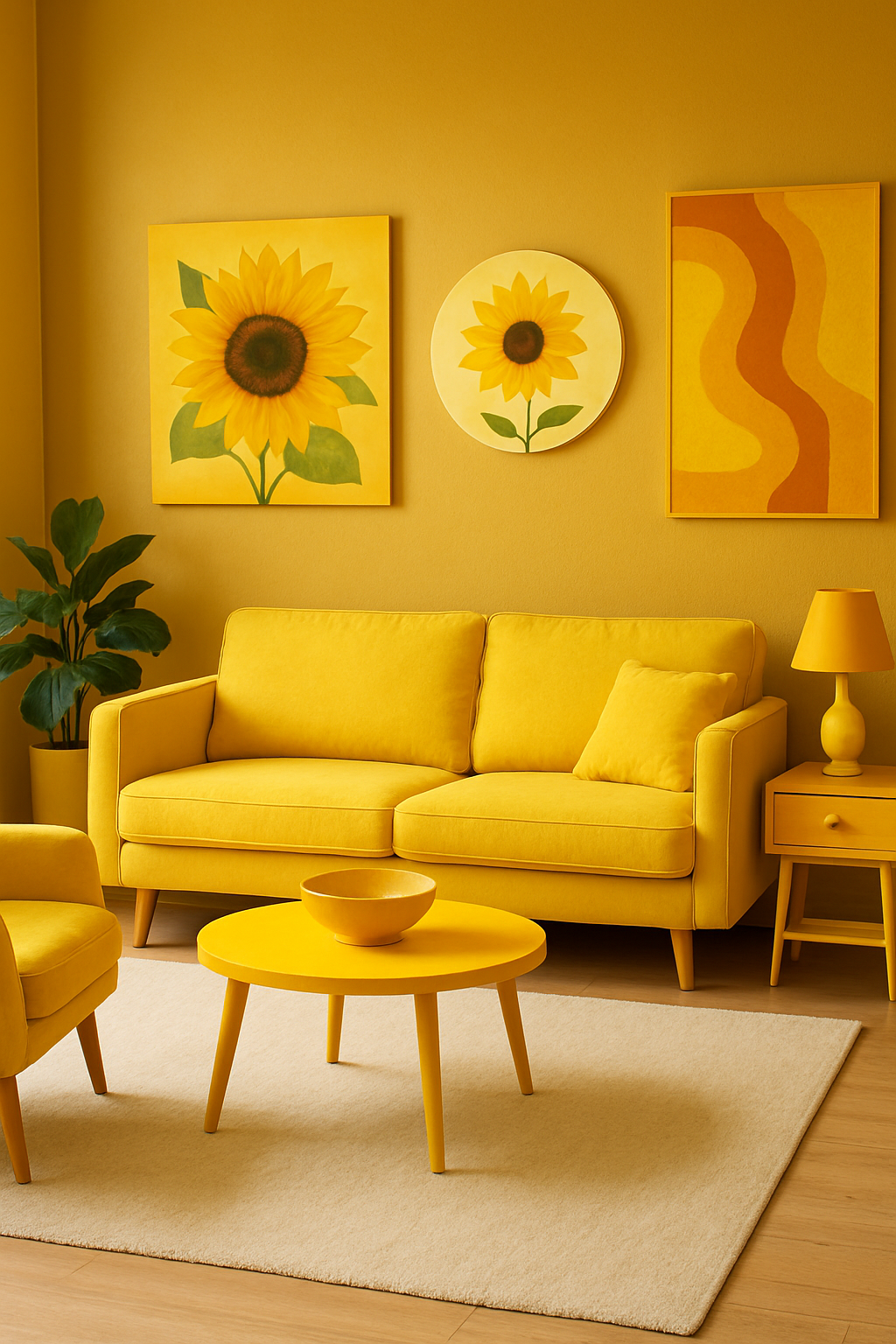 A cozy living room featuring sunflower yellow furniture and decor, including a couch, coffee table, and wall art.