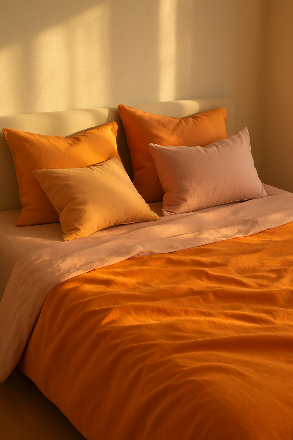 A cozy bed with sunset-inspired orange bedding and pillows.