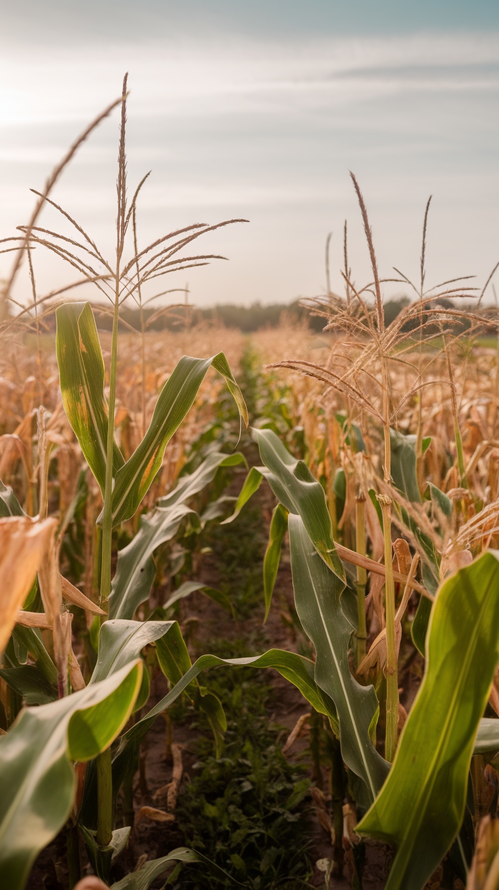 A cornfield with green and golden corn plants under a clear sky.