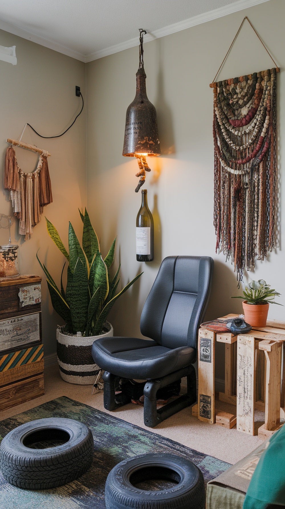 A cozy corner featuring a repurposed chair, upcycled wooden crate table, snake plant, and unique wall decor.