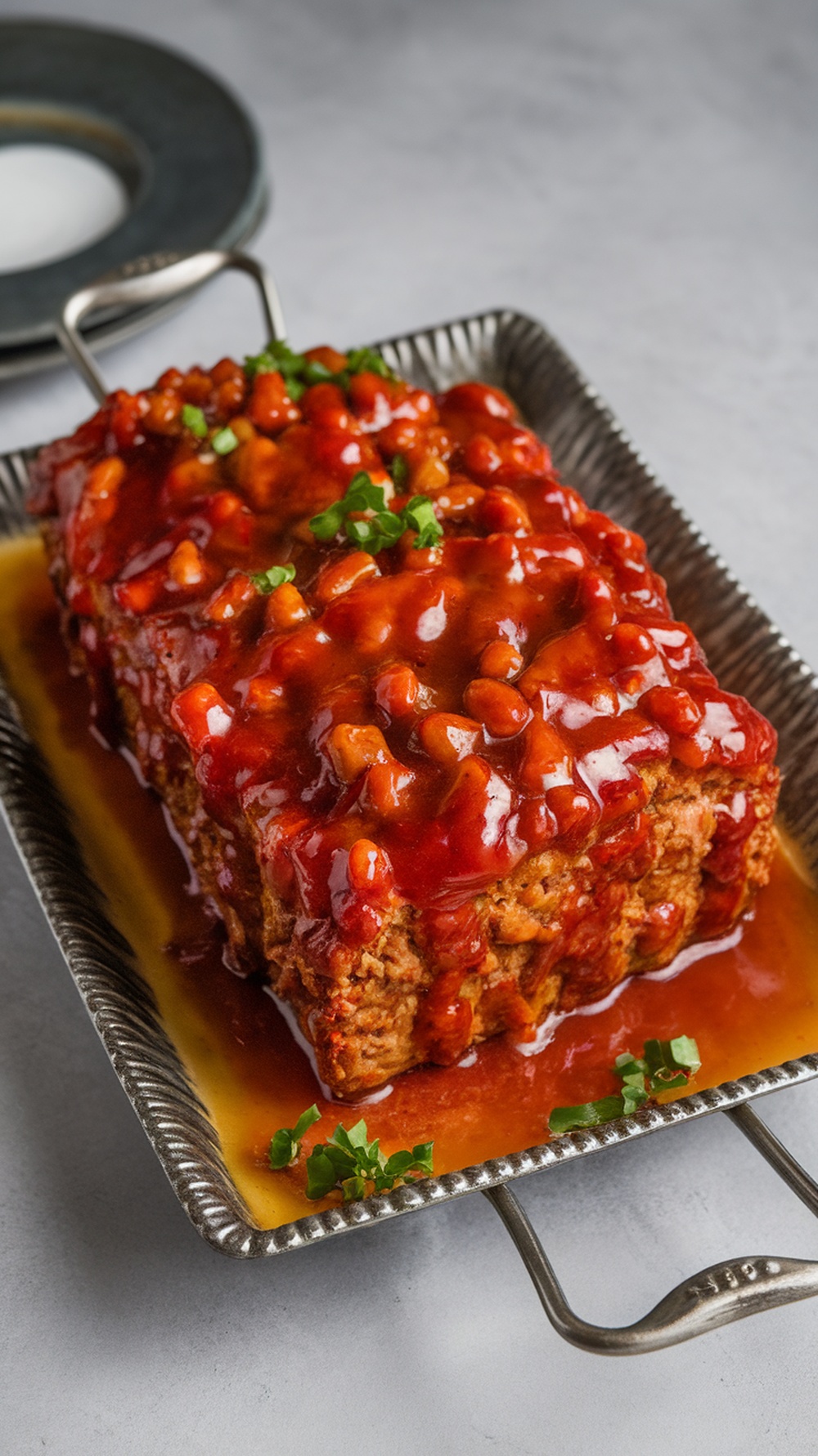 A delicious sweet and spicy meatloaf topped with a glossy sauce and garnished with green onions.