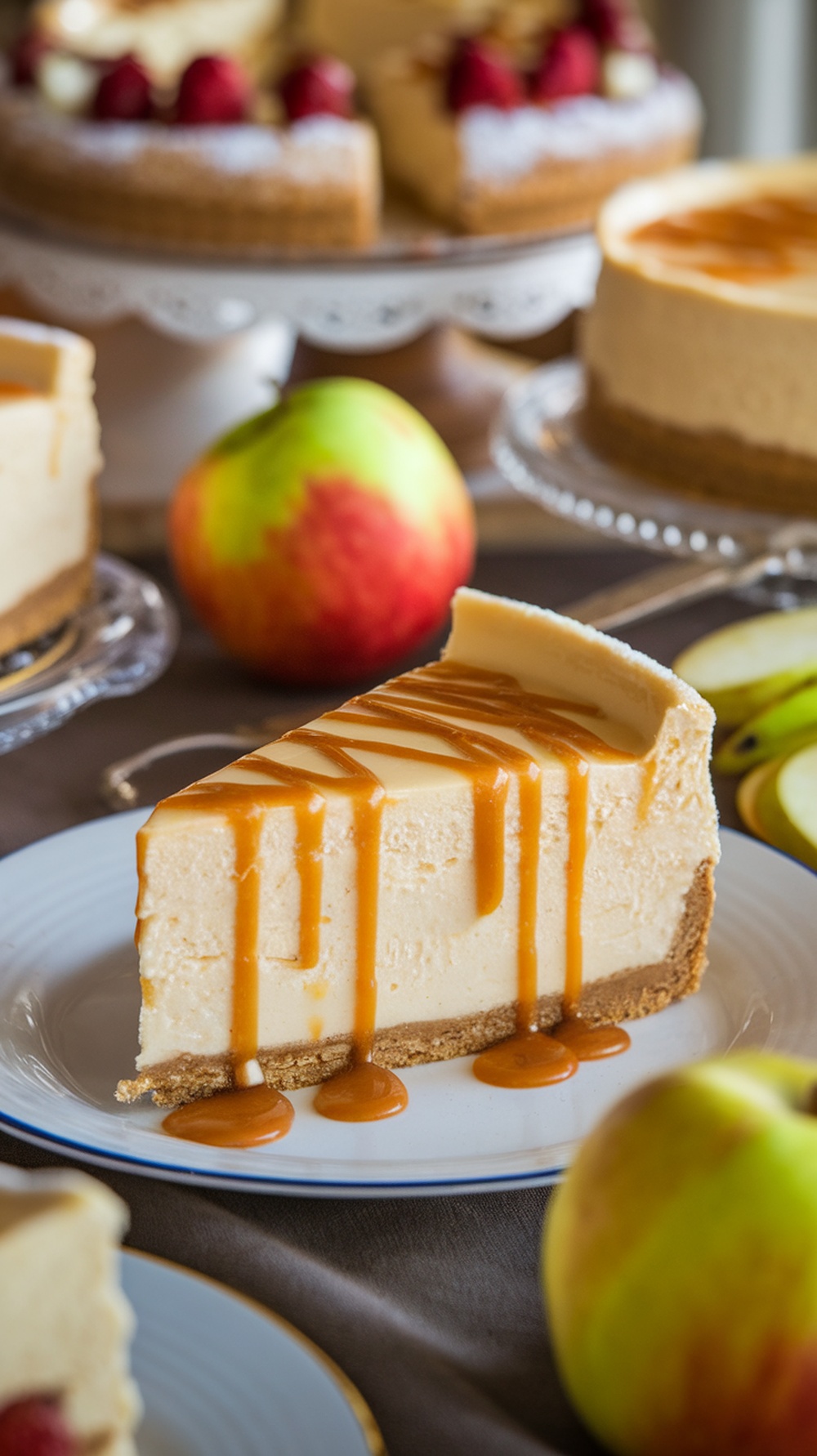 A slice of caramel apple cheesecake drizzled with caramel sauce, surrounded by fresh apples.