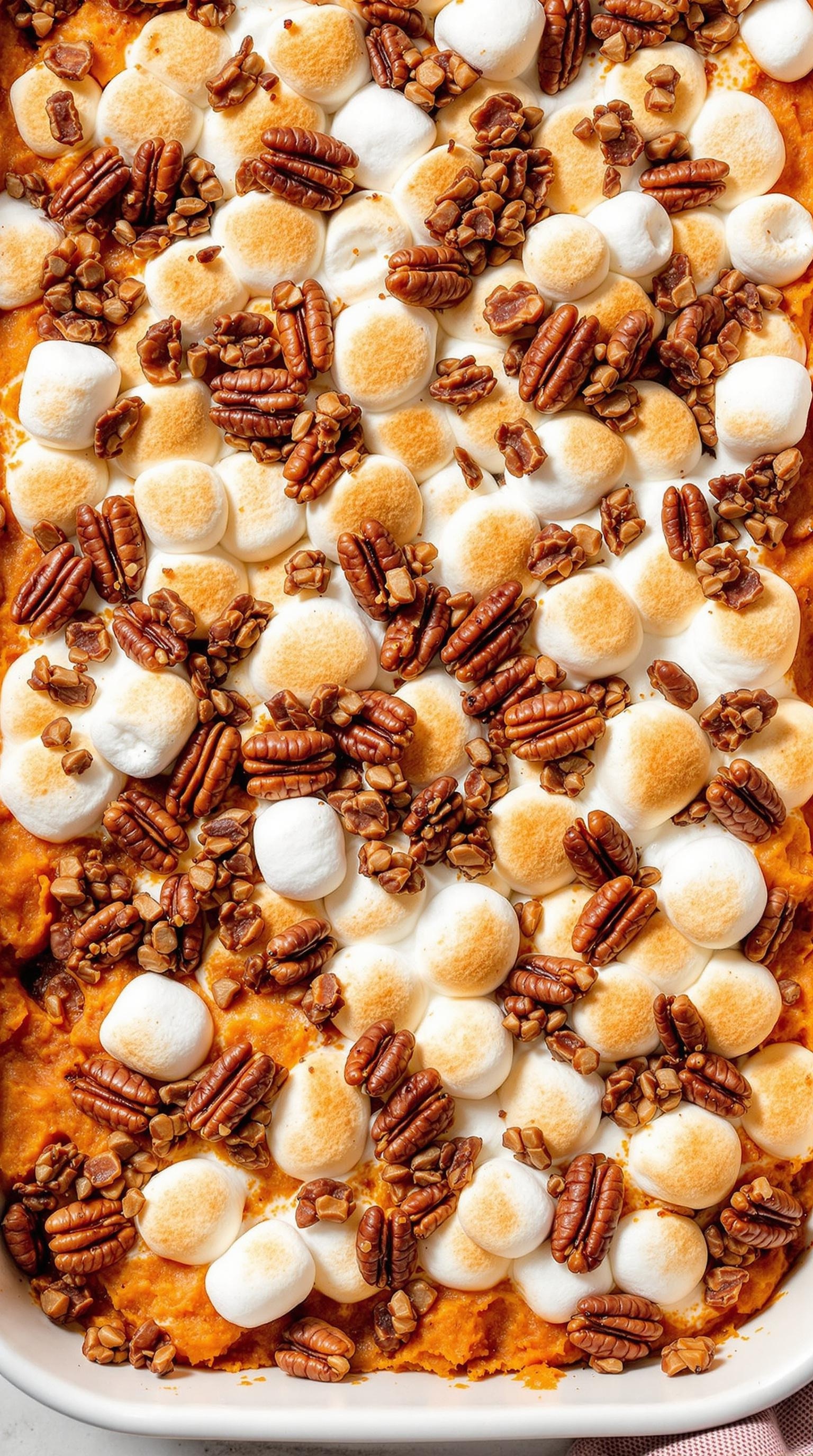A delicious sweet potato casserole topped with toasted marshmallows and pecans.
