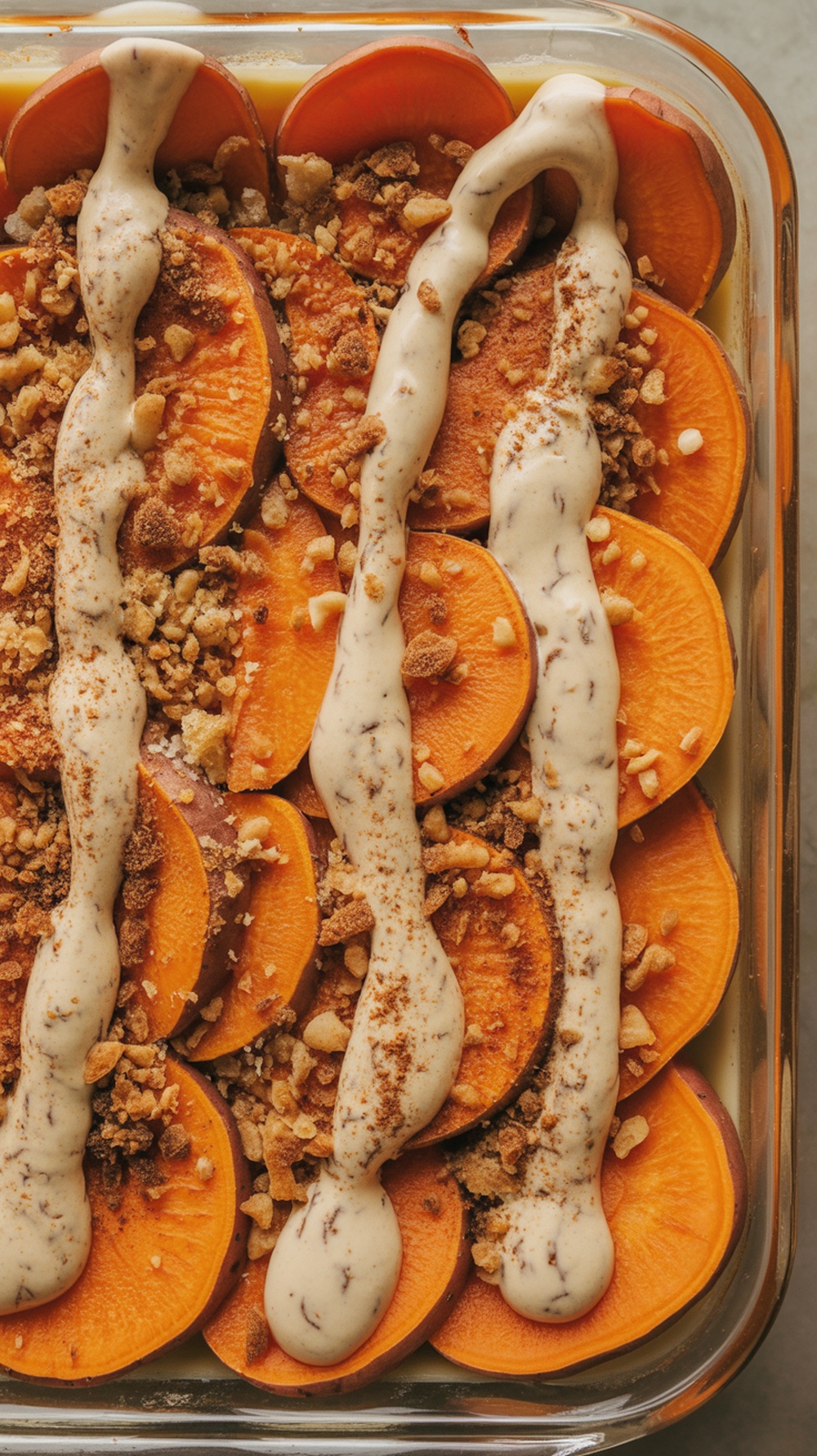 A glass dish filled with layers of sweet potatoes, cream, and herbs, showcasing a sweet potato scalloped bake.