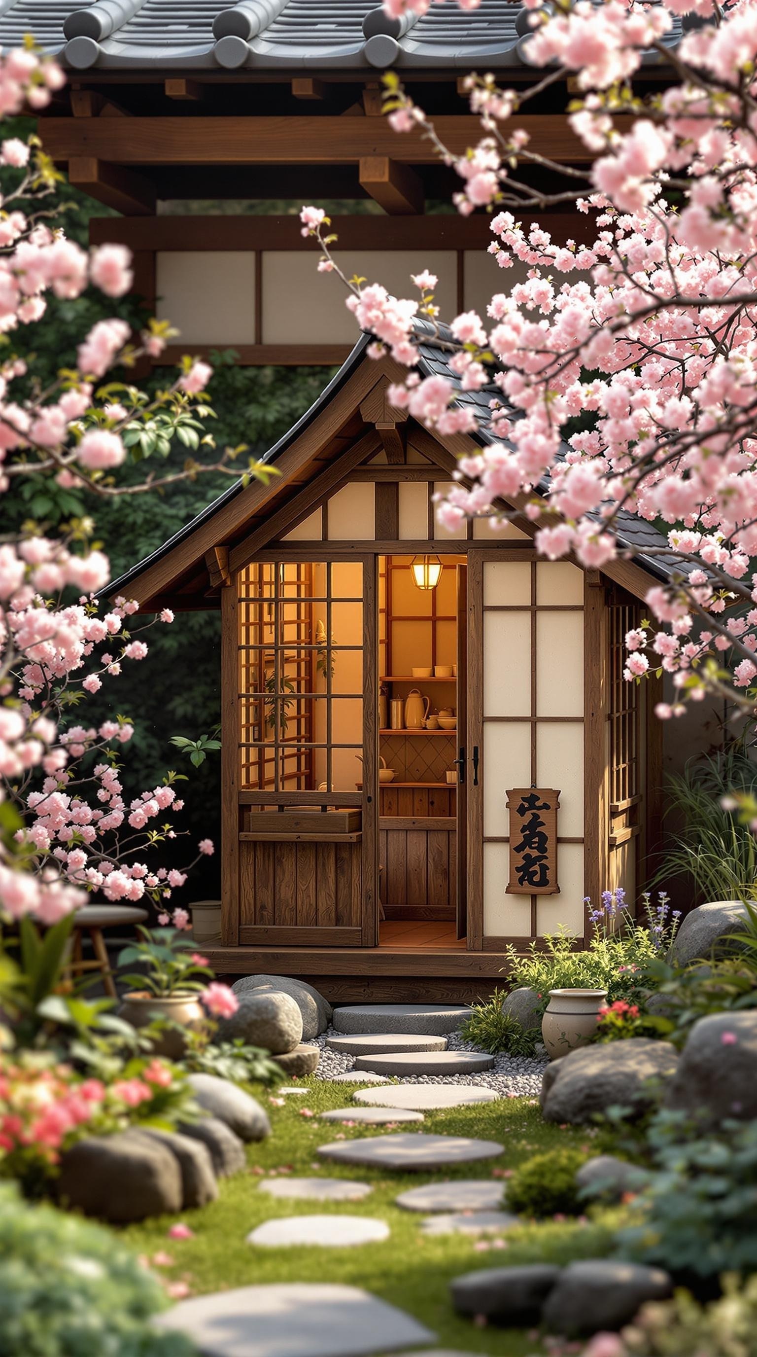 A picturesque tea house surrounded by cherry blossoms and mountains, representing a serene retreat.