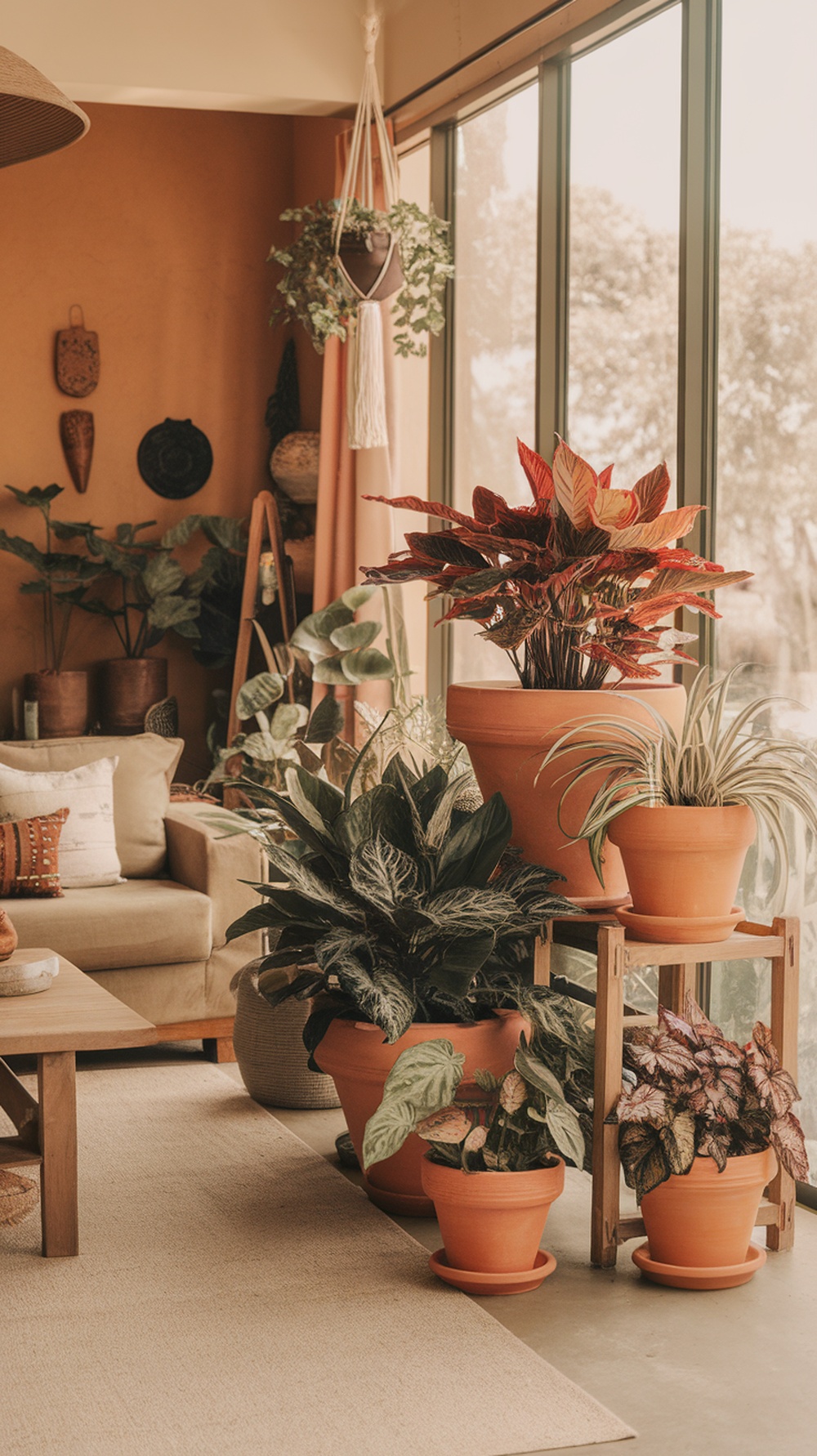 A cozy living room featuring terracotta pots with various plants, creating a warm and inviting atmosphere.