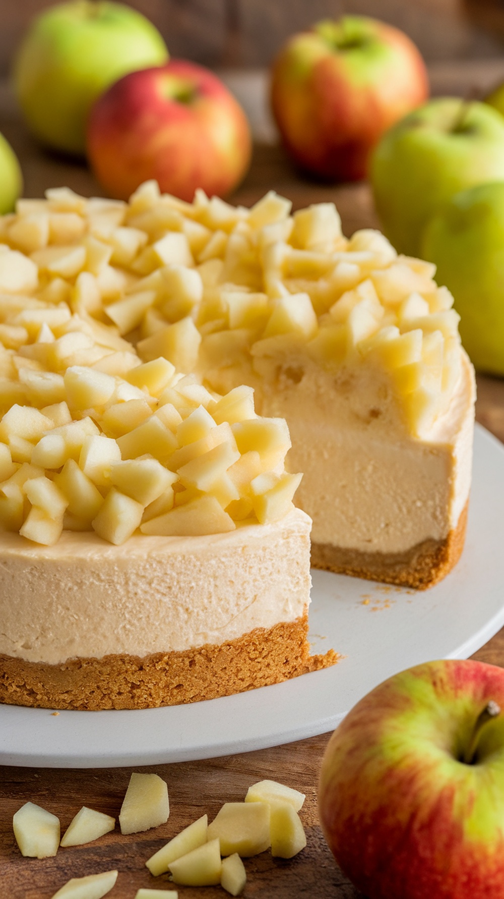 A slice of caramel apple cheesecake topped with diced apples, surrounded by whole apples.