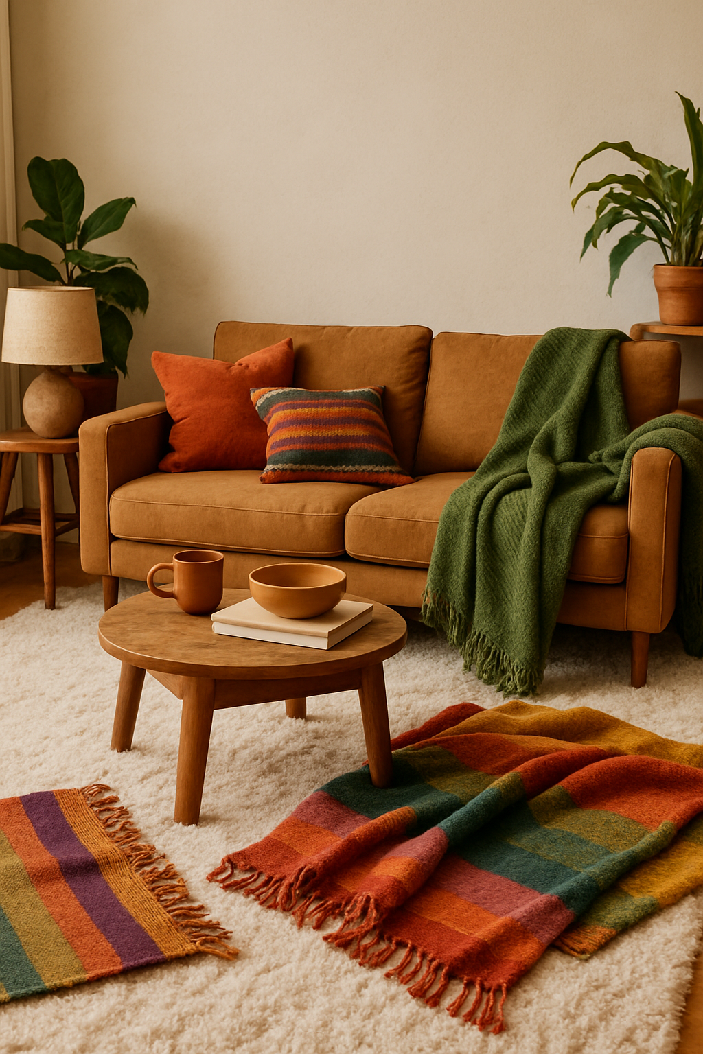Cozy living room with a cream rug, brown couch, colorful pillows, and a wooden coffee table.
