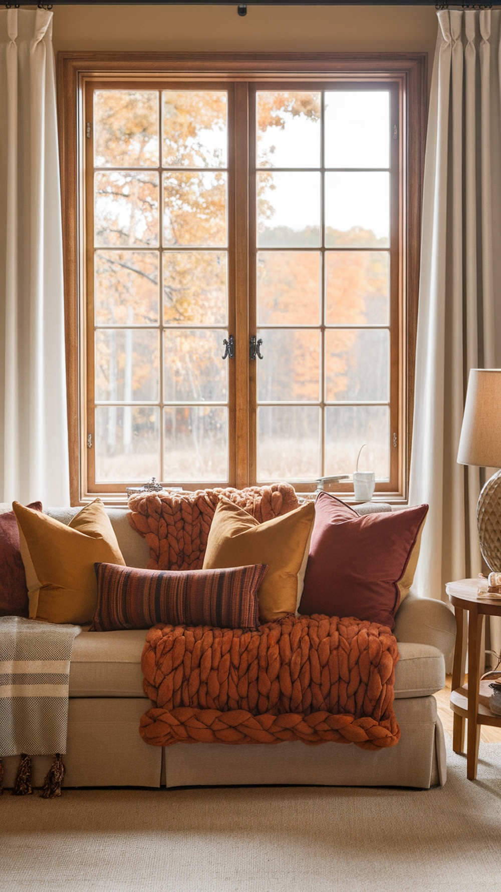 Cozy living room with a sofa covered in textured throws and pillows in warm autumn colors