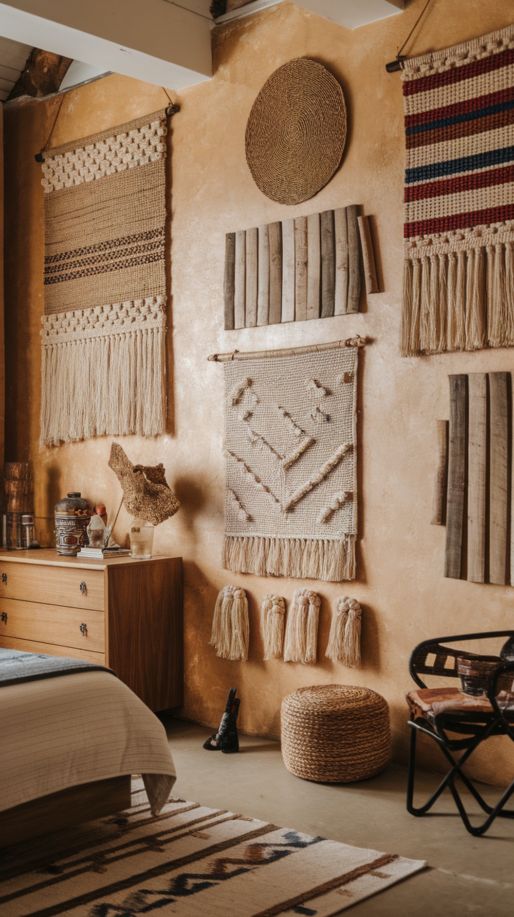 Textured wall decor featuring woven wall hangings and wooden accents in a cozy bedroom setting.