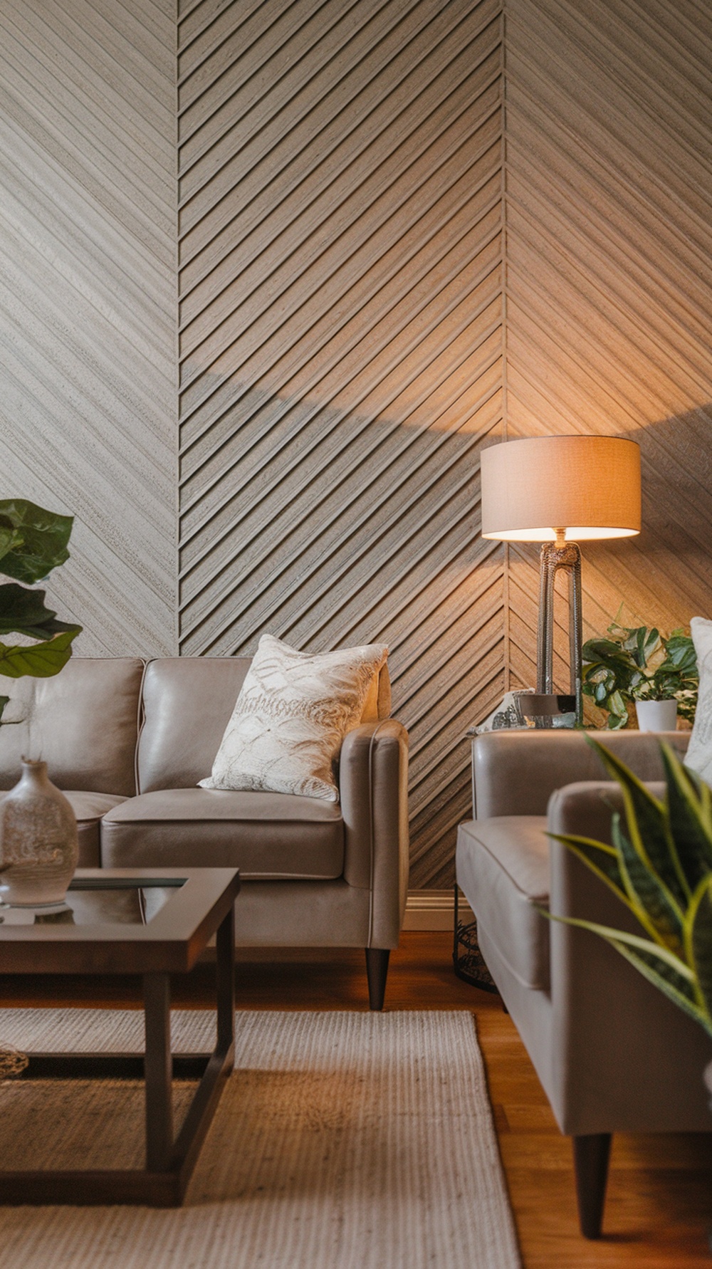 Living room with textured wall treatment, cozy furniture, and decorative plants.