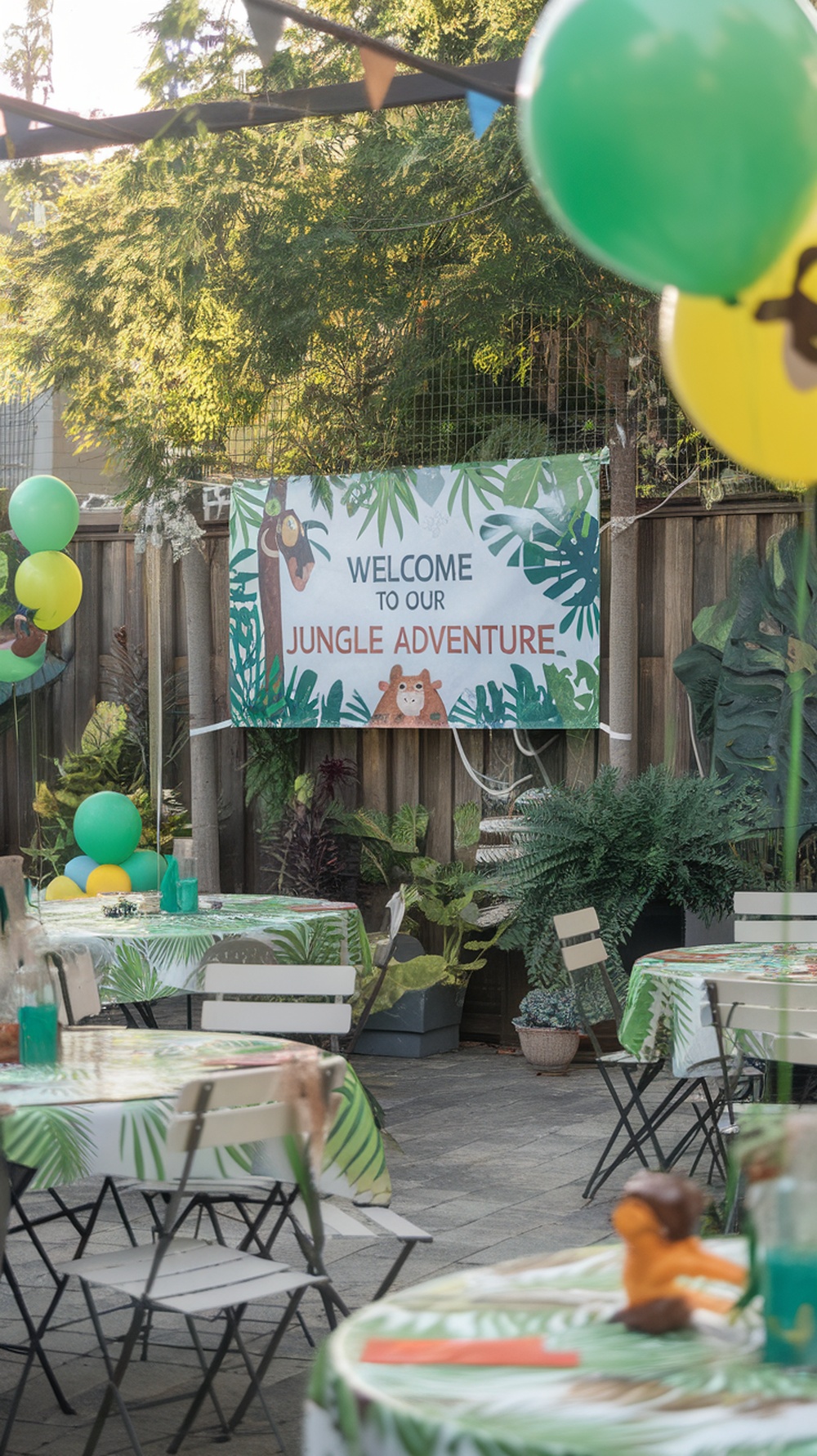 Backyard party setup with jungle adventure theme, featuring a welcome banner, colorful balloons, and tropical decor.
