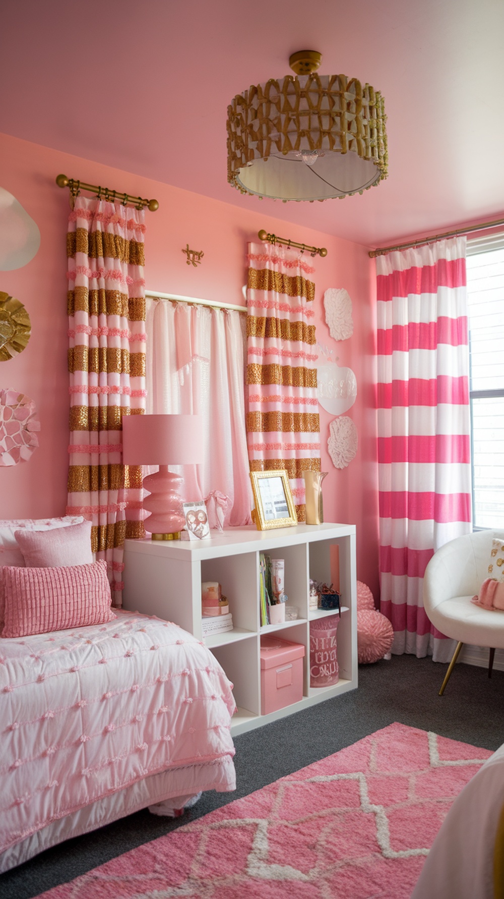 A stylish dorm room decorated in pink with striped curtains and a cozy bed.
