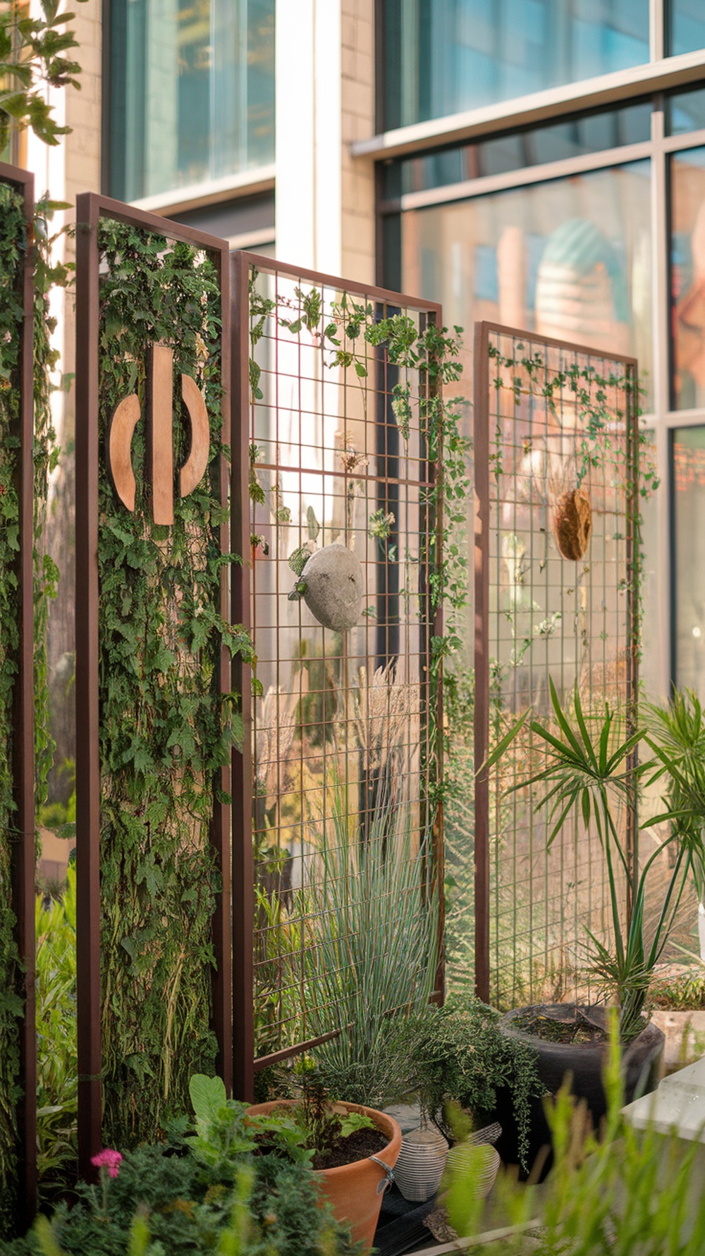 A vertical living fence with climbing plants, artistic elements, and various potted plants in a small urban space.