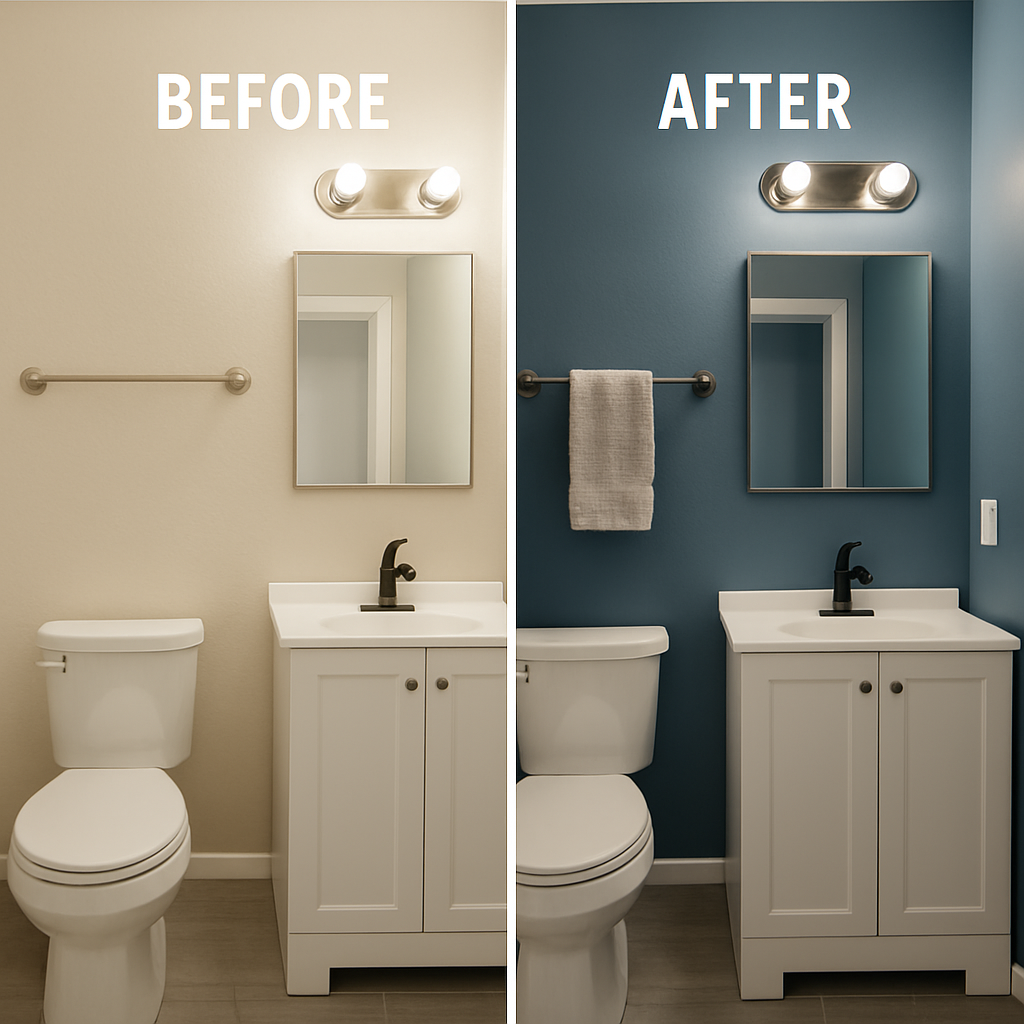 Before and after bathroom transformation showcasing a color change from dull to modern.