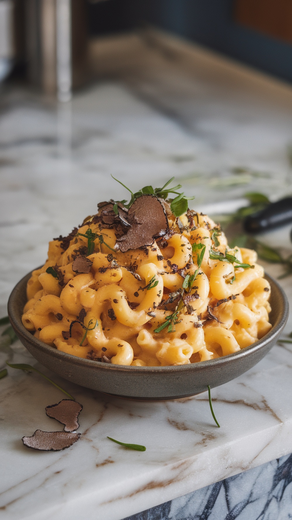 A bowl of truffle mac and cheese topped with truffle shavings and fresh herbs.