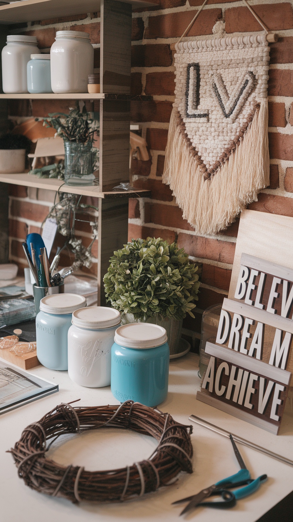 A cozy workspace with jars, a plant, and a handmade wall hanging.