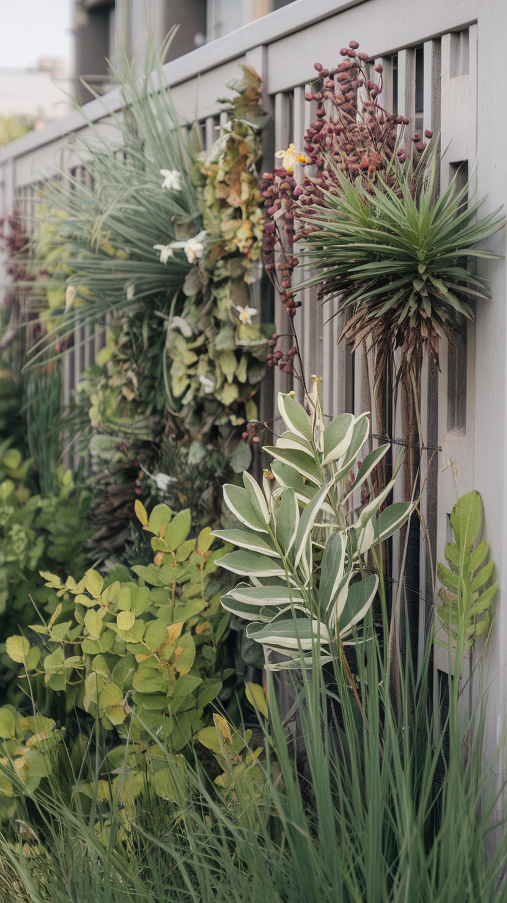 A variety of native plants growing against a wooden fence, showcasing a living fence.